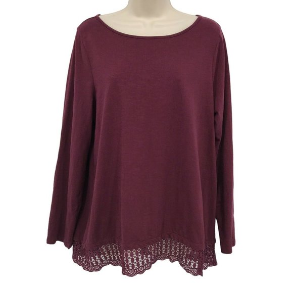 Dip Womens Long Sleeves Crocheted Hem Pullover Burgundy Blouse Top Size Large - Picture 1 of 6